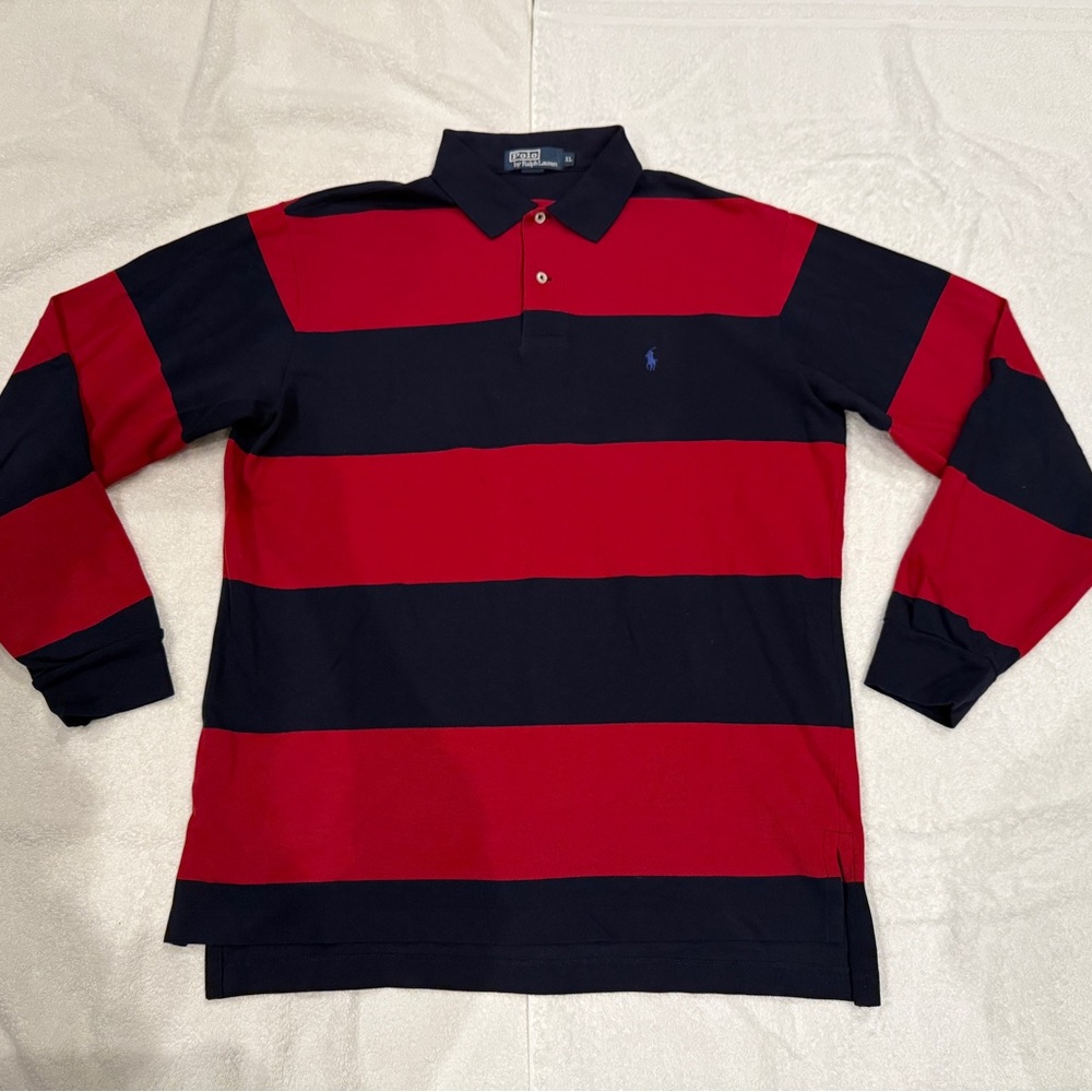 Vintage Mens Polo Ralph Lauren Long Sleeve Navy/Red Striped Polo Shirt, XL